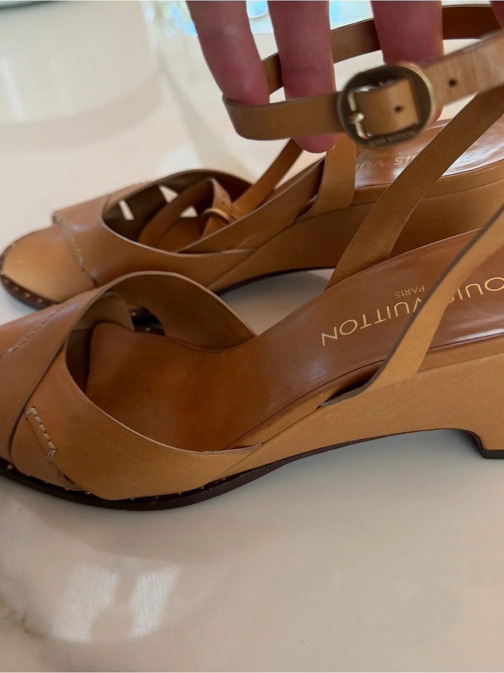 Louis Vuitton Cognac Leather Wedge Sandals with Ankle Strap